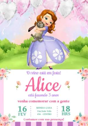 Convite de Aniversário Princesa Sofia Lilás e Rosa Editável