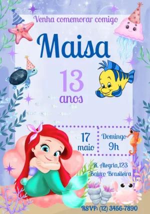 Convite Aniversário Pequena Sereia Ariel para Editar Online