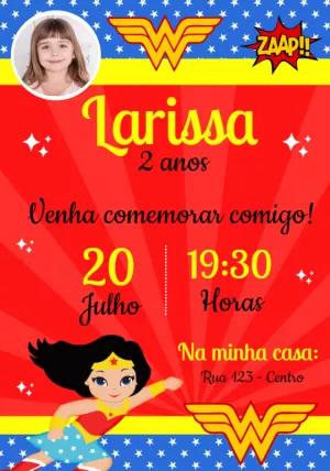 Convite Aniversário Mulher Maravilha com Foto para Editar Online