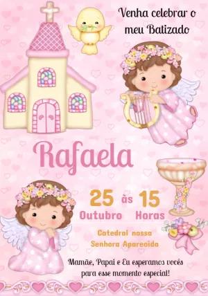 Convite de Batizado Menina Anjinha Rosa para Editar Online