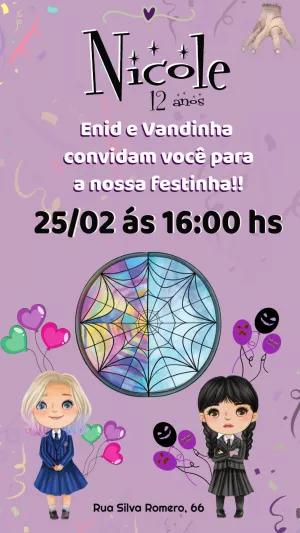 Convite Aniversário Wandinha e Enid para Editar Online