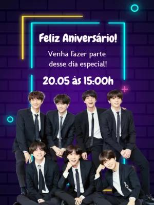 Convite de Aniversário BTS K-pop para Editar Online