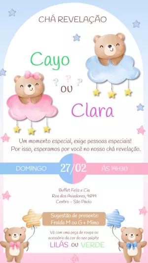 Convite Chá Revelação Ursinhos Aquarela nas Nuvens para Editar