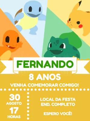 Convite de Aniversário Pokémon com Personagens para Editar