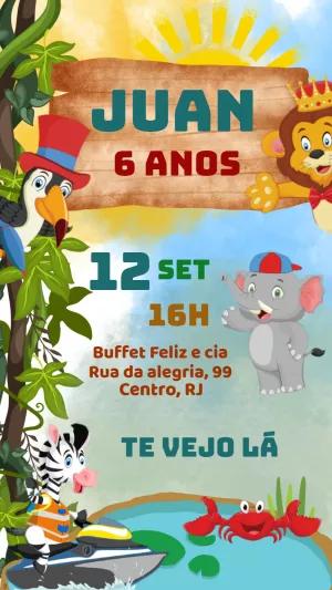 Convite Aniversário Safari com Animais para Editar Online
