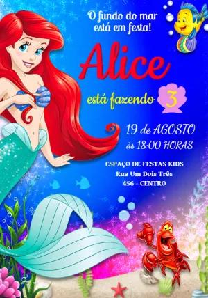Convite de Aniversário Ariel A Pequena Sereia para Editar