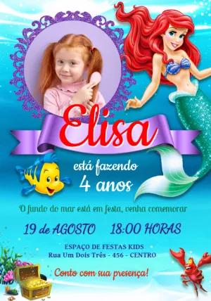 Convite Aniversário Ariel A Pequena Sereia com Foto para Editar