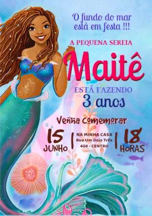 Convite Aniversário Pequena Sereia Negra para Editar Online