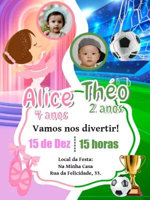 Convite Duplo Aniversário Bailarina e Futebol para Editar