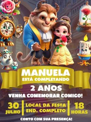 Convite Aniversário Bela e a Fera Cute para Editar Online