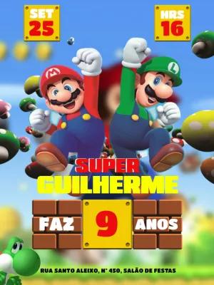 Convite Aniversário Super Mario com Personagens para Editar Online