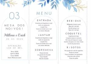 Menu de Casamento Azul com Folhas Editável Online