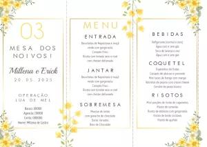 Menu de Casamento Floral Amarelo para Editar e Imprimir