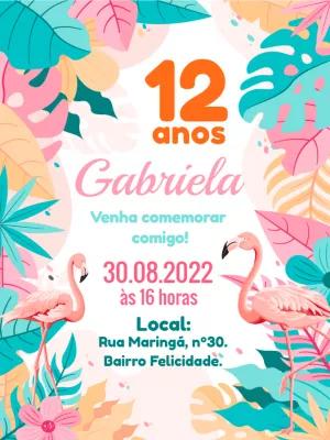 Convite Aniversário Tropical com Flamingos para Editar Online