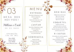 Menu de Casamento Floral Marrom Editável Online