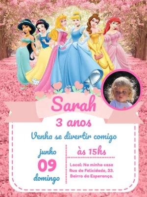 Convite Aniversário Princesas Disney com Foto para Editar