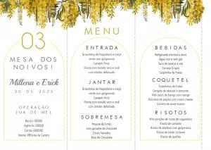 Menu de Casamento Floral Amarelo para Editar Online