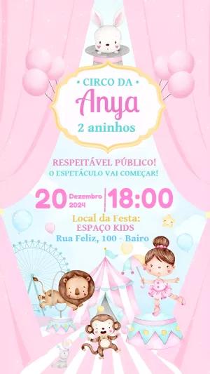 Convite Aniversário Circo Rosa com Animais para Editar