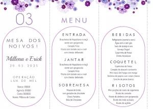 Menu de Casamento Tri-fold Roxo com Flores para Editar