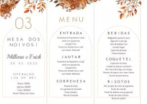 Menu de Casamento Boho Marrom com Folhas para Editar Online