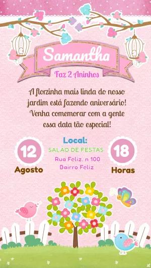 Convite de Aniversário Jardim Encantado com Passarinhos para Editar