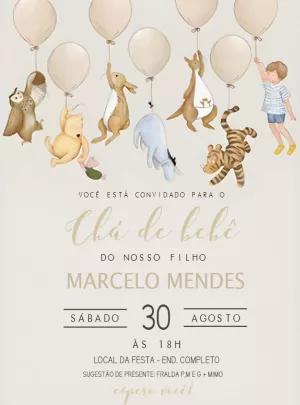 Convite Chá de Bebê Ursinho Pooh e Turma para Editar Online