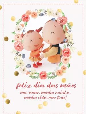 Cartão de Dia das Mães com Bonecas e Flores para Editar Online