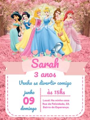 Convite de Aniversário Princesas Disney em Jardim Encantado para Editar