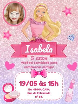 Convite Aniversário Barbie Glitter com Foto para Editar Online