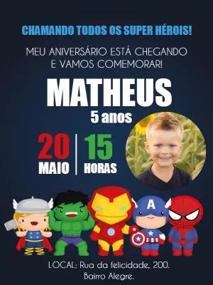 Convite Aniversário Vingadores Cute com Foto para Editar Online