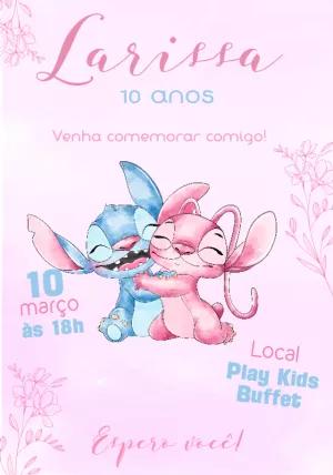 Convite de Aniversário Stitch e Angel Rosa para Editar