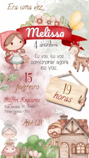 Convite Aniversário Chapeuzinho Vermelho Aquarela para Editar