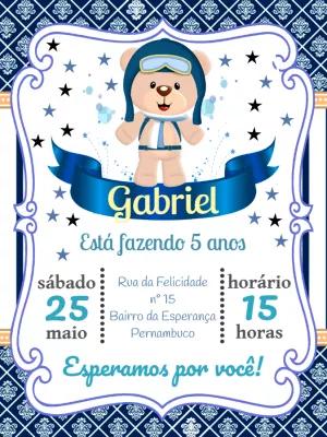 Convite Aniversário Ursinho Aviador para Editar Online