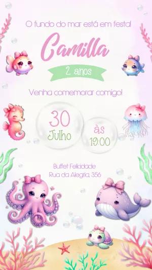 Convite Aniversário Fundo do Mar com Animais para Editar Online