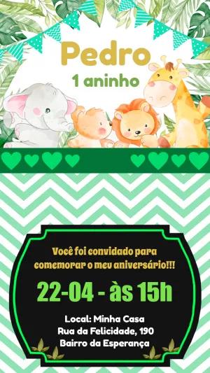 Convite de Aniversário Safari com Animais Fofos para Editar