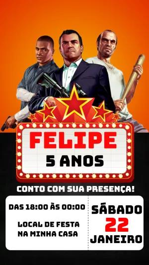 Convite de Aniversário GTA com Personagens para Editar Online