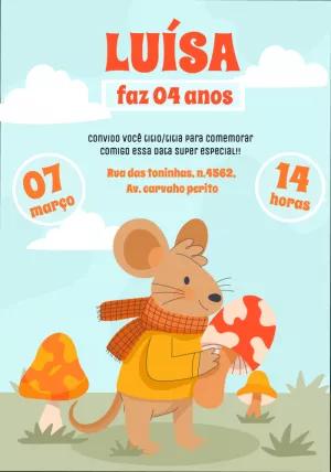 Convite de Aniversário Camundongo e Cogumelos para Editar