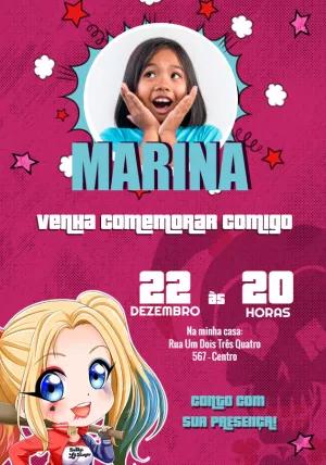 Convite Aniversário Arlequina com Foto para Editar Online