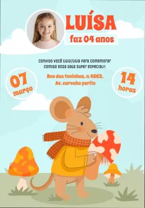 Convite Aniversário Camundongo e Cogumelos com Foto para Editar