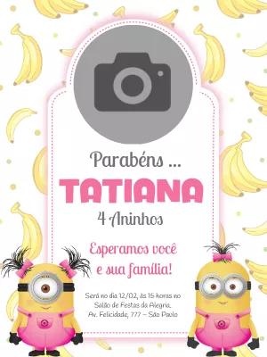Convite de Aniversário Minions Rosa com Foto para Editar Online