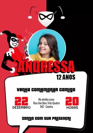 Convite Aniversário Arlequina com Foto para Editar Online