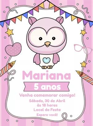 Convite Aniversário Corujinha Rosa para Editar Online