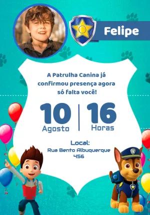 Convite Aniversário Patrulha Canina com Foto para Editar Online