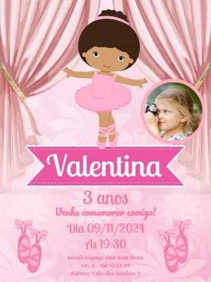 Convite Aniversário Bailarina Morena com Foto para Editar Online