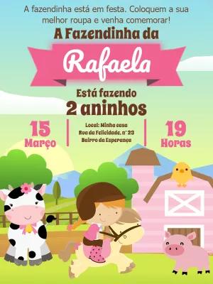 Convite Aniversário Fazendinha Menina Rosa para Editar Online