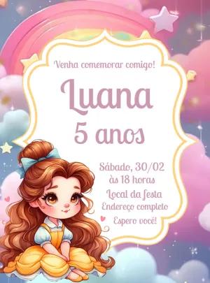 Convite Aniversário Princesa Bela com Fundo de Nuvens para Editar