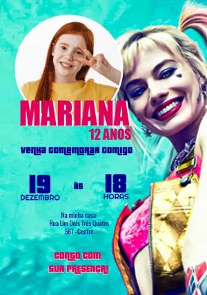 Convite Aniversário Arlequina com Foto para Editar Online