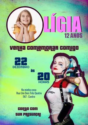 Convite Aniversário Arlequina com Foto para Editar Online