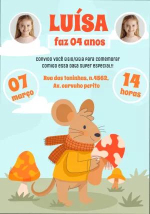 Convite Aniversário Camundongo e Cogumelos com Foto para Editar