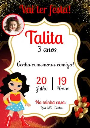 Convite Aniversário Mulher Maravilha com Foto para Editar